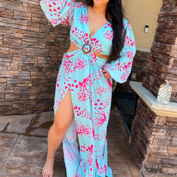 Teal Maxi Dress with Coral Floral Design - Picture 7 of 9